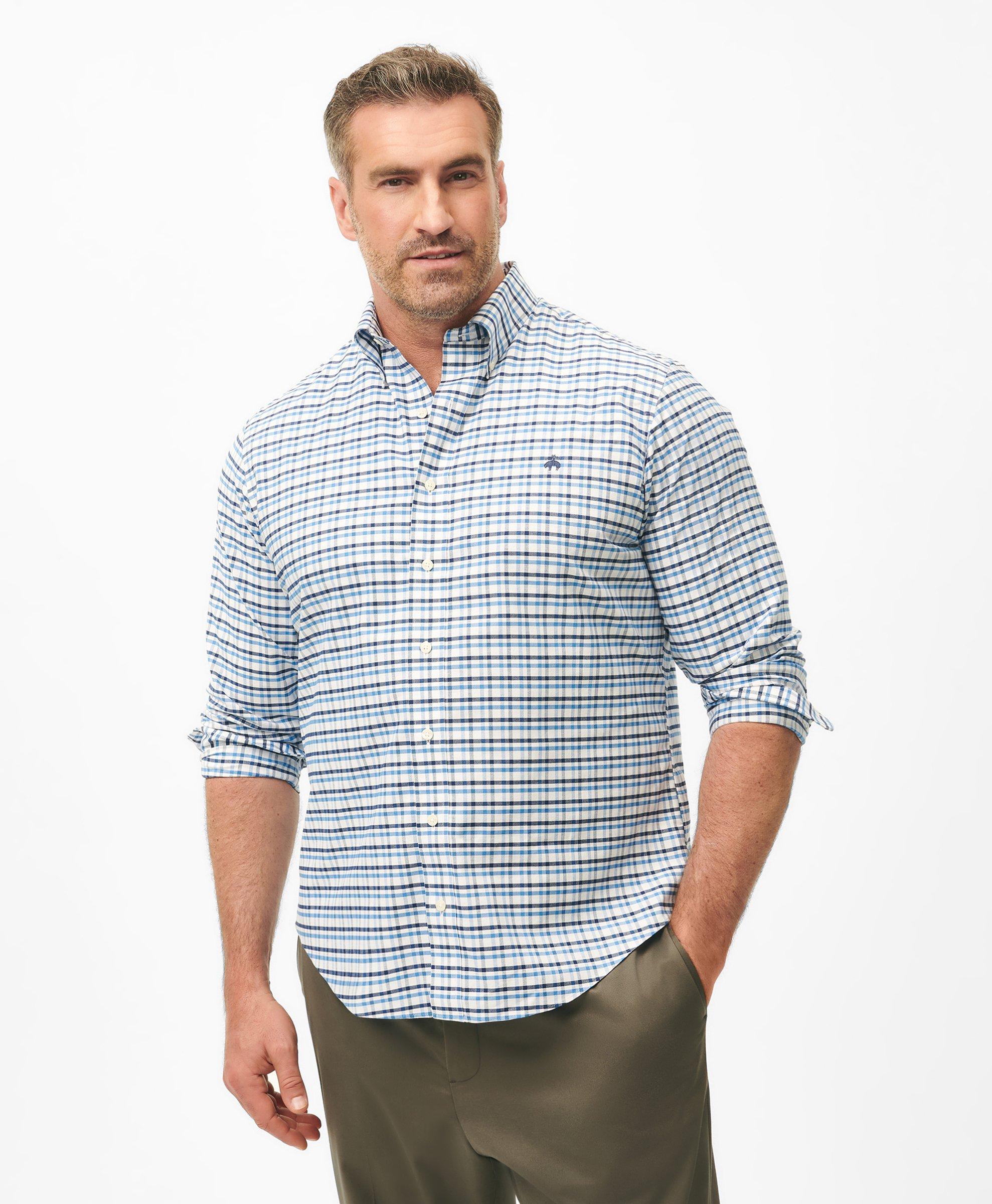 Brooks Brothers Big & Tall Stretch Cotton Non-iron Oxford Polo Button Down Collar, Double Check Shirt In Blue