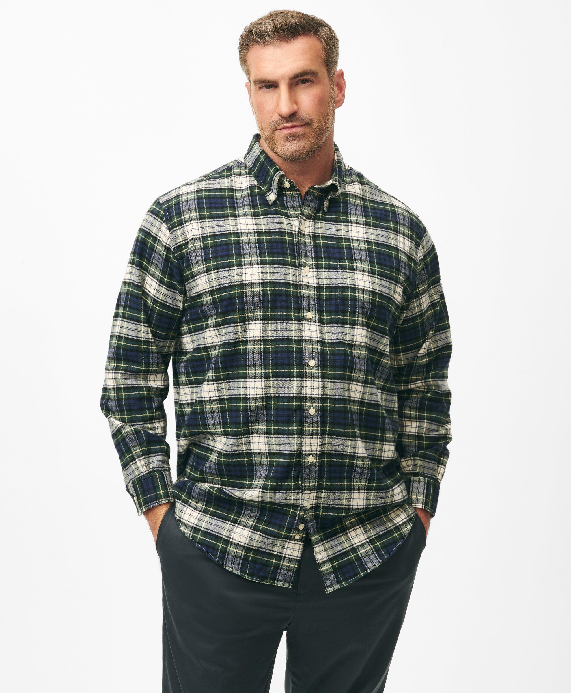 Brooks Brothers Big & Tall Portuguese Flannel Polo Button Down Collar, Tartan Shirt In Light Green