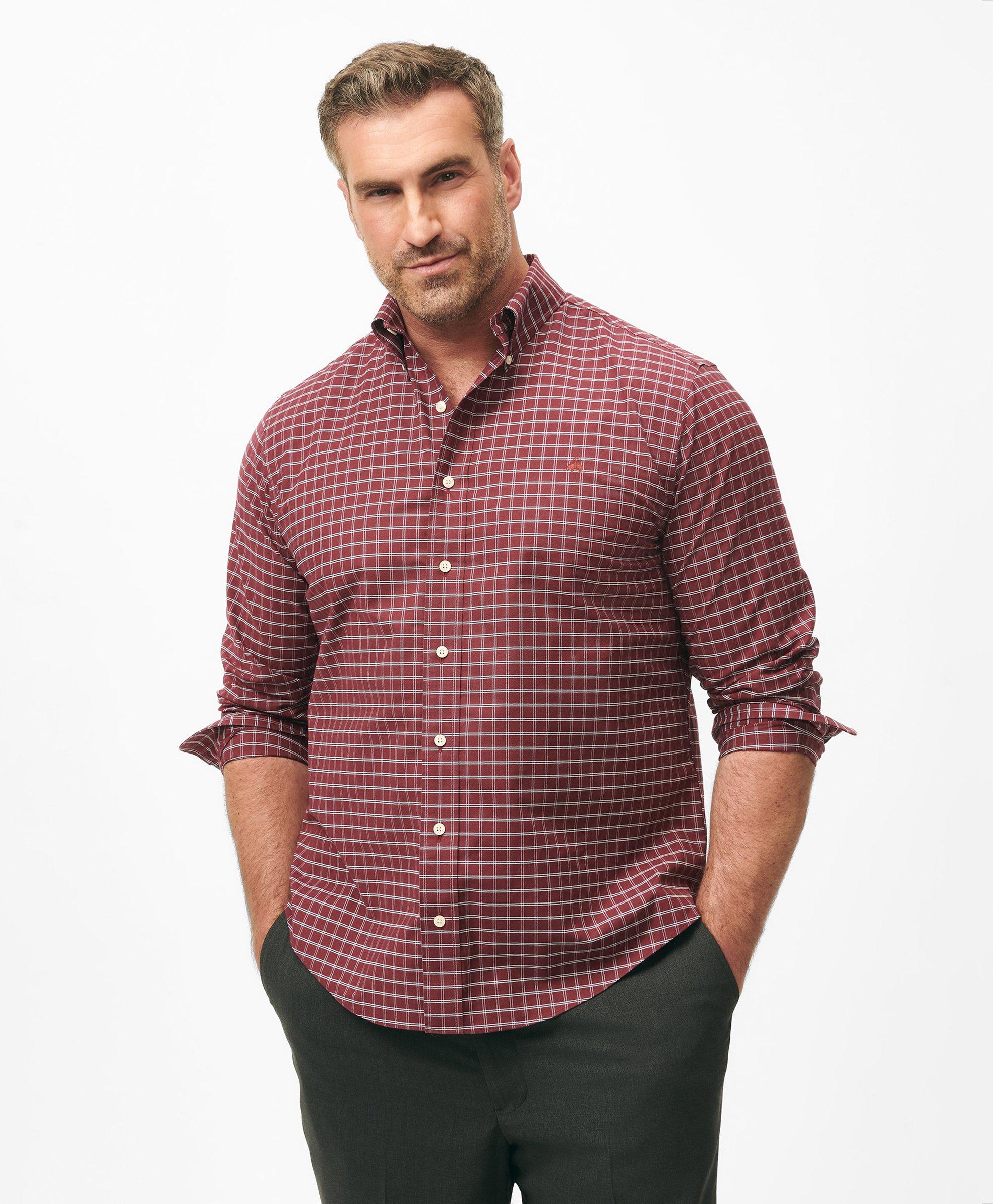 Brooks Brothers Big & Tall Stretch Cotton Non-iron Oxford Polo Button Down Collar, Windowpane Shirt In Dark Red