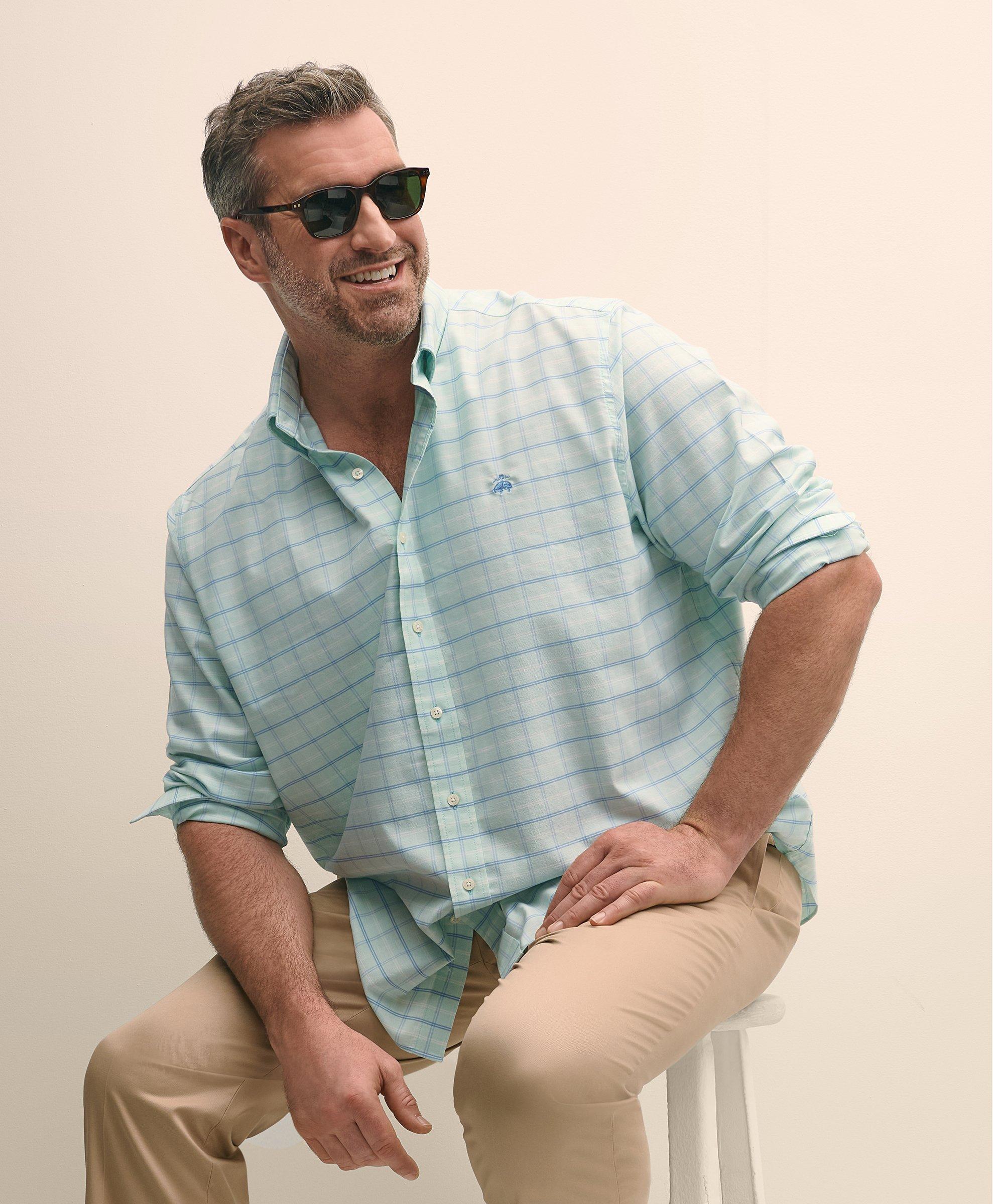 Brooks Brothers Big & Tall Stretch Cotton Non-iron Oxford Polo Button Down Collar, Windowpane Shirt In Turquoise