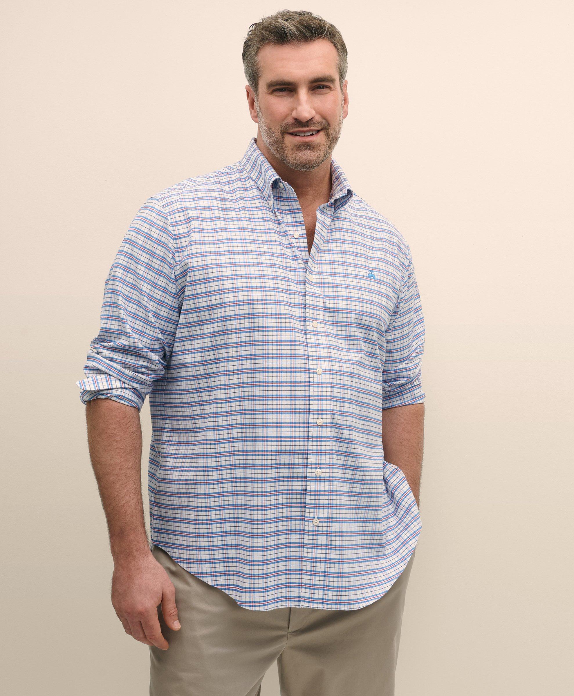 Brooks Brothers Big & Tall Stretch Cotton Non-iron Oxford Polo Button Down Collar, Checked Shirt In Blue