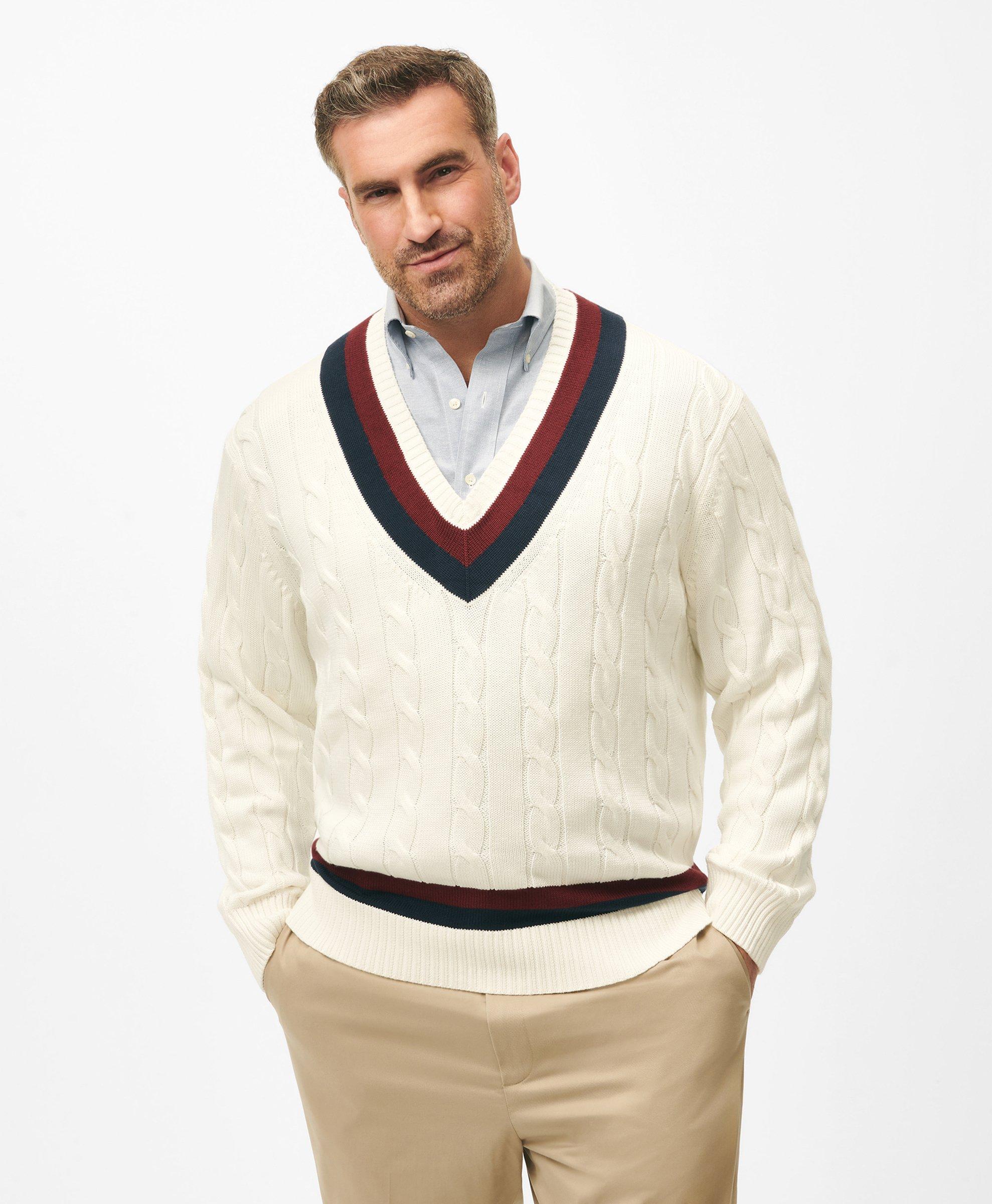 80s Mens Sweaters, Sweatshirts, Knitwear Mens Big Tall Supima Cotton Cable Tennis Sweater  Ivory  Size 2X Tall $168.00 AT vintagedancer.com