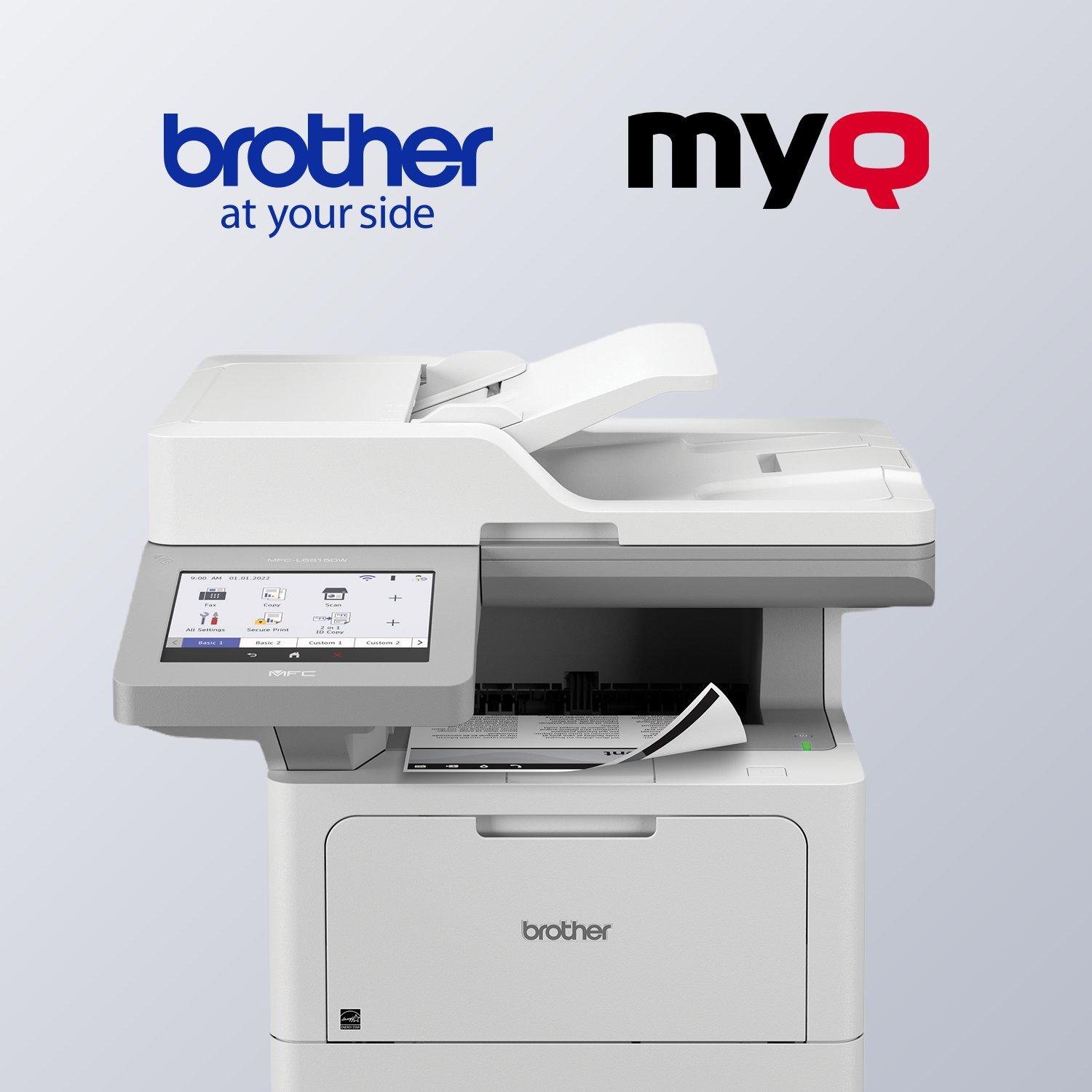 Brother multifunction printer with MyQ print management branding.