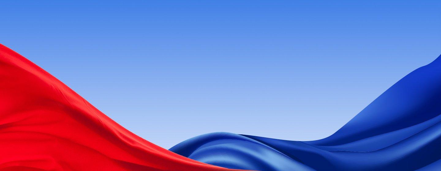 Abstract red and blue flowing fabric-like waves against a light blue gradient background.