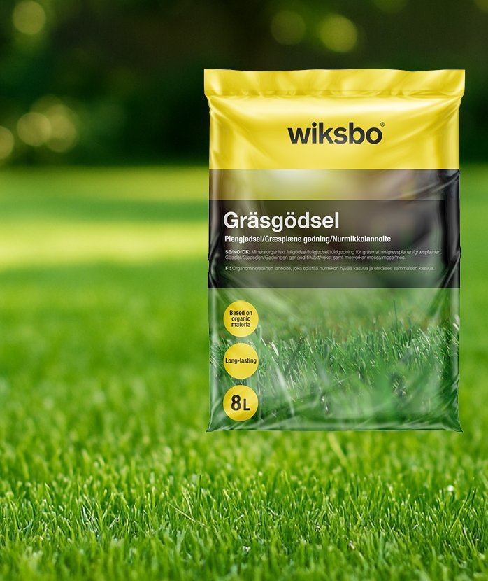Wiksbo gräsgödsel på grön gräsmatta.