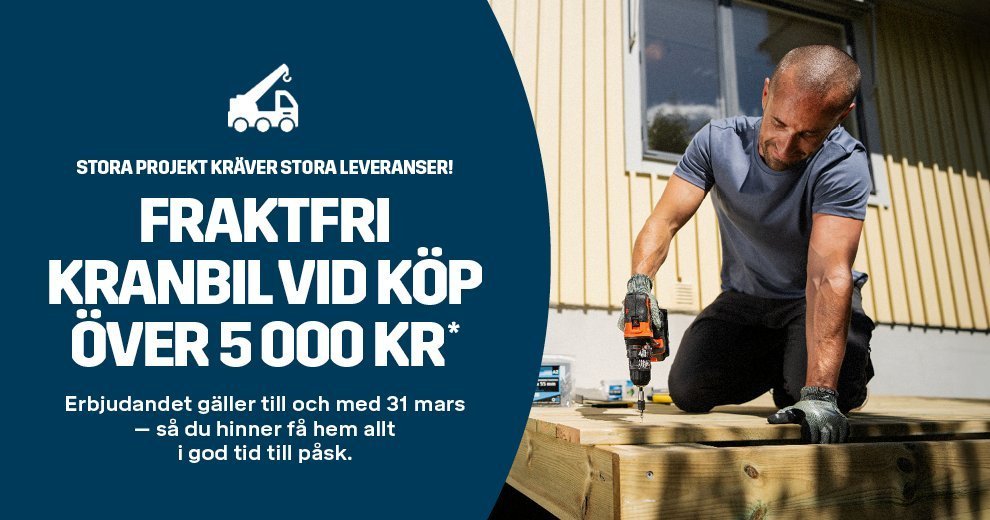 Fraktfri kranbil vid köp över 5 000 kr. Man som skruvar trall.