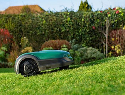 Robotgräsklippare som klipper gräs i en trädgård