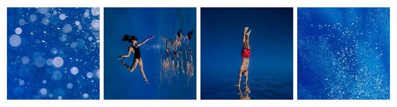 A sequence of water-themed images. L-R: a square blue scene where the lens is speckled with water. A square scene where a swimmer in a black costume sees their reflection in water. A square scene showing a man in red swimming shorts diving hands first into water, his fingers just touching the surface. And finally, another blue scene, showing a splash of water as though there has been impact.