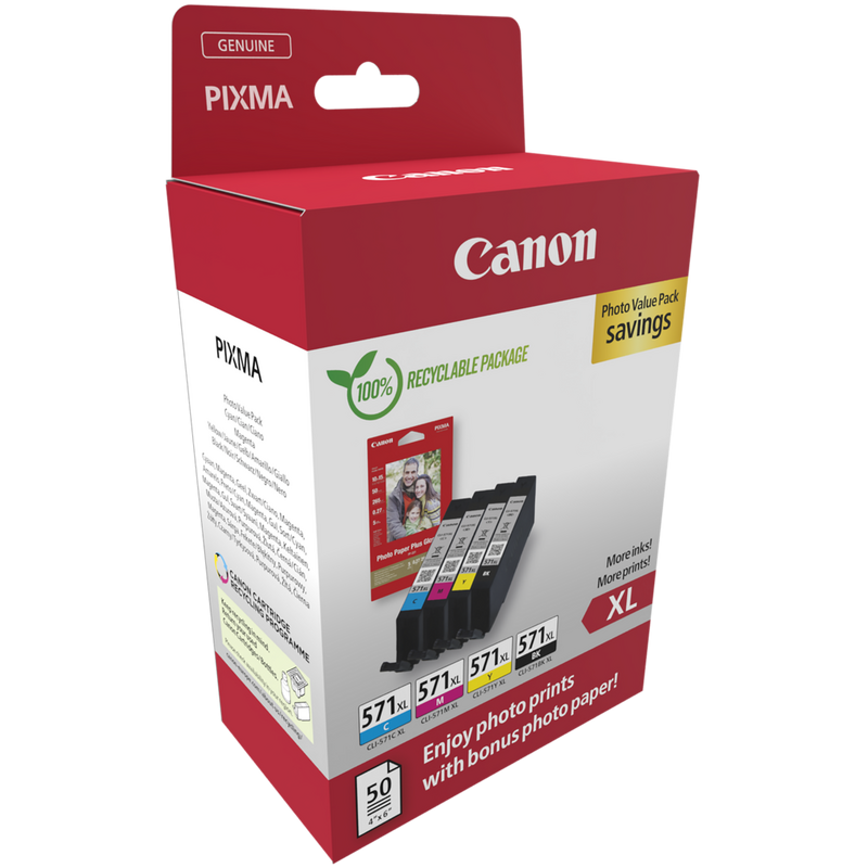 Canon CLI-571XL High Yield BK/C/M/Y Ink Cartridge + Photo Paper Value Pack Product Package front angled view