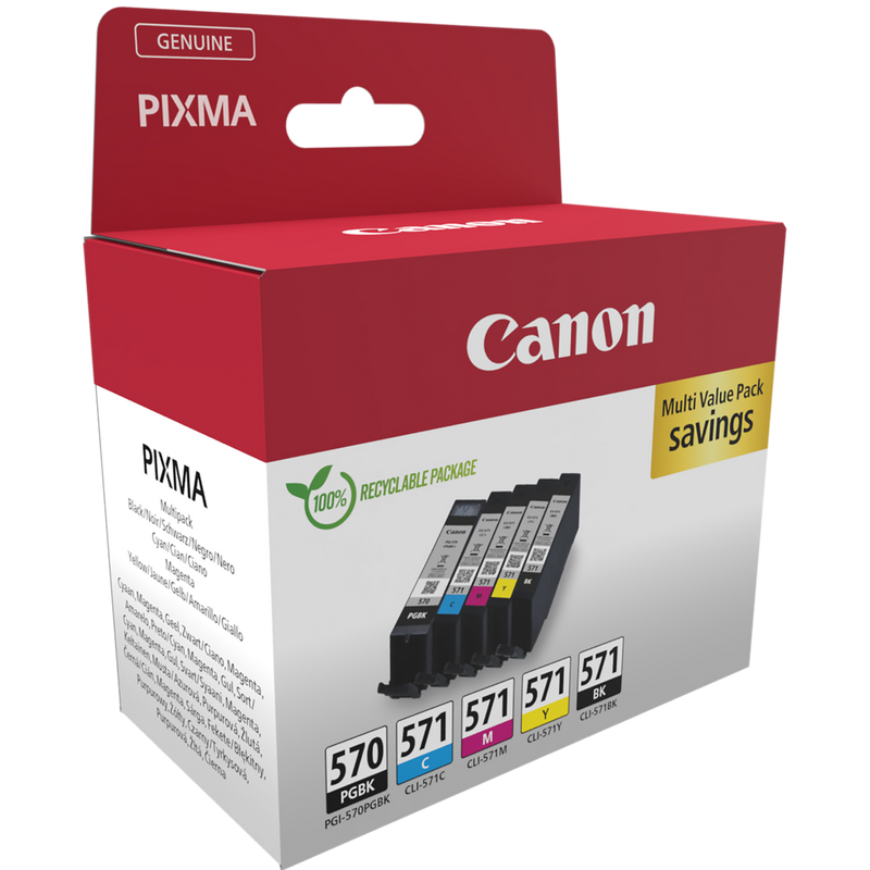 Canon PGI-570BK / CLI-571 BK/C/M/Y Ink Cartridge Multipack Product Package angled view