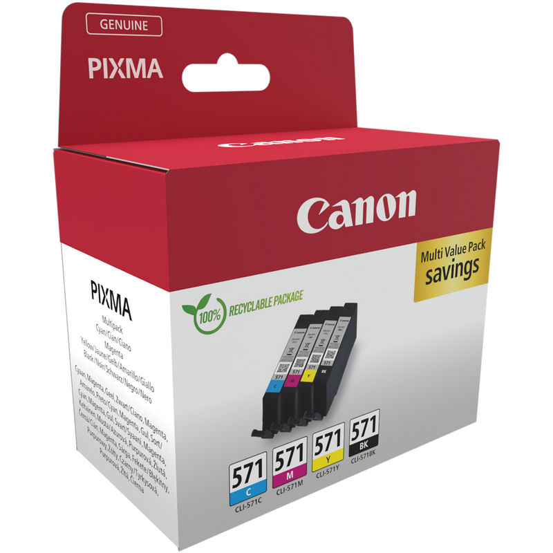 Canon CLI-571 BK/C/M/Y Ink Cartridge Multi Pack Product Package front angled view