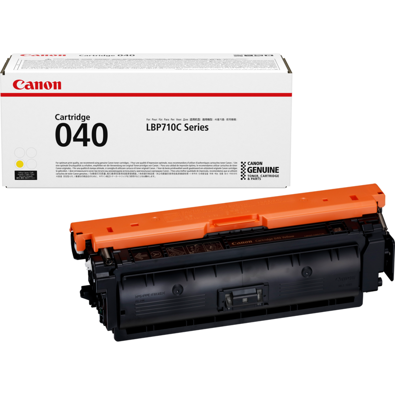 Canon 040Y Toner-Cartridge Gelb Produkt Verpackung und Patrone
