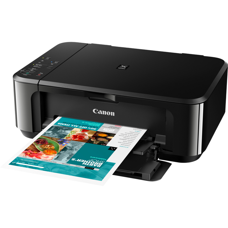 Canon PIXMA MG3650S Tintenstrahl-Multifunktionssystem, Schwarz Produkt Schrägansicht von vorne mit ausgeklapptem Papierfach