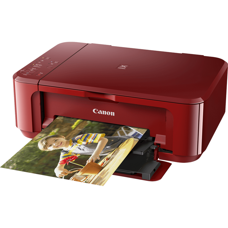 Canon PIXMA MG3650 – Rot Produkt Schrägansicht von vorne mit ausgeklapptem Papierfach