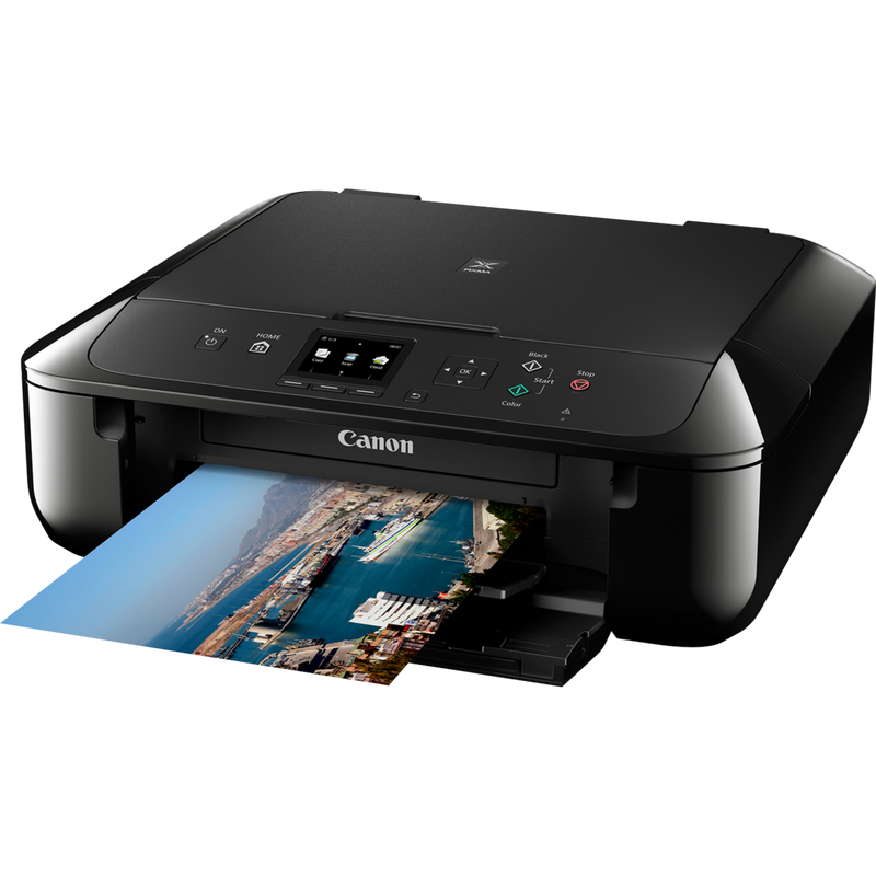 Canon PIXMA MG5750 – Schwarz Produkt Schrägansicht von vorne mit ausgeklapptem Papierfach