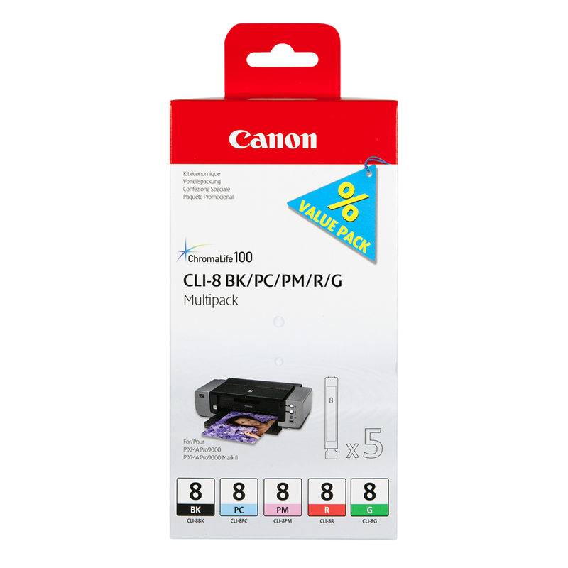 Canon CLI-8 BK/PC/PM/R/G Multipack mit 5 Tinten Produkt Vorderansicht