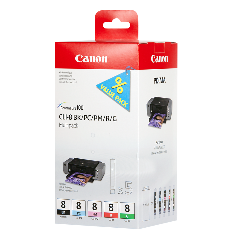 Canon CLI-8 BK/PC/PM/R/G Multipack mit 5 Tinten Produkt Ansicht von links