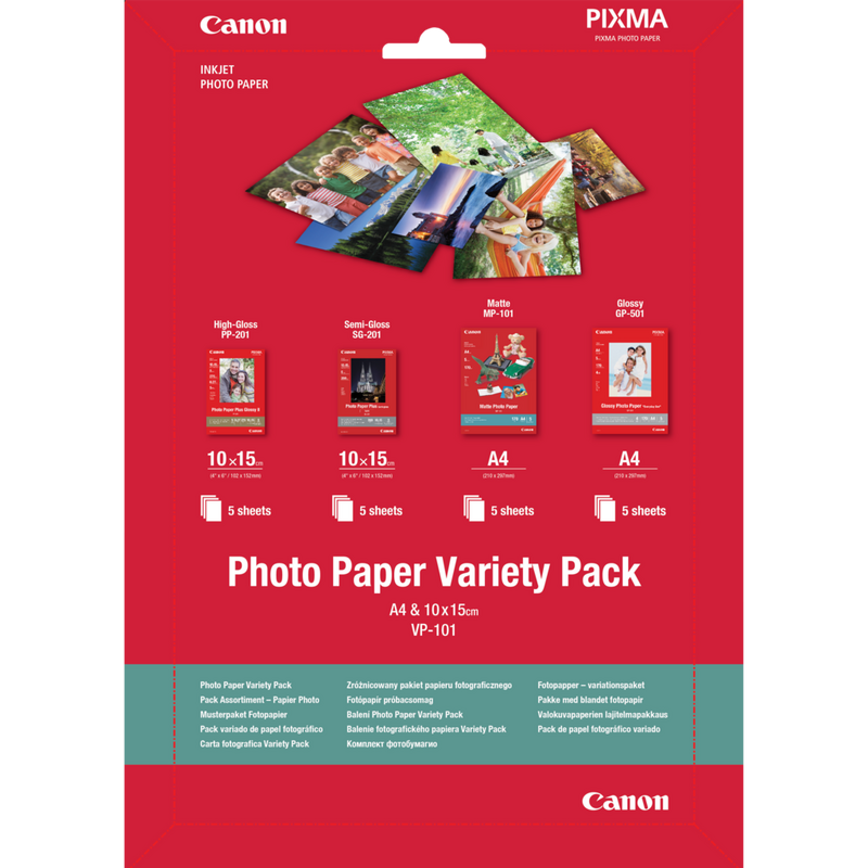Canon VP-101 Fotopapier Musterpaket Postkarte und A4 – 20 Blatt Produkt Vorderansicht