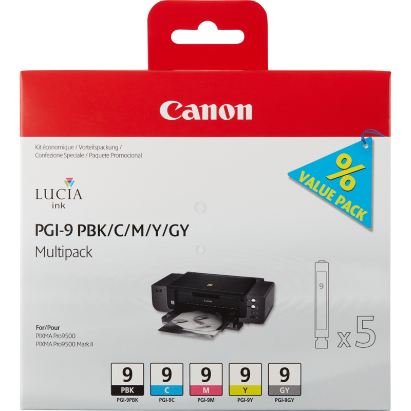 Canon PGI-9 PBK/C/M/Y/GY Multipack mit 5 Tinten Produkt Vorderansicht