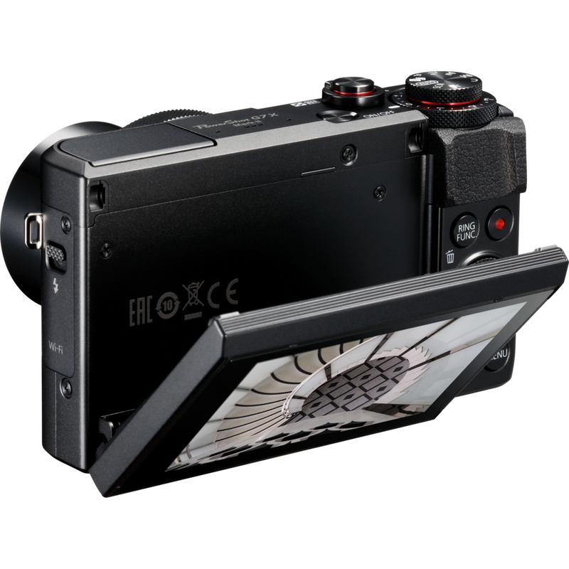 Canon PowerShot G7 X Mark II Produkt Ansicht von links mit Foto auf dem Bildschirm