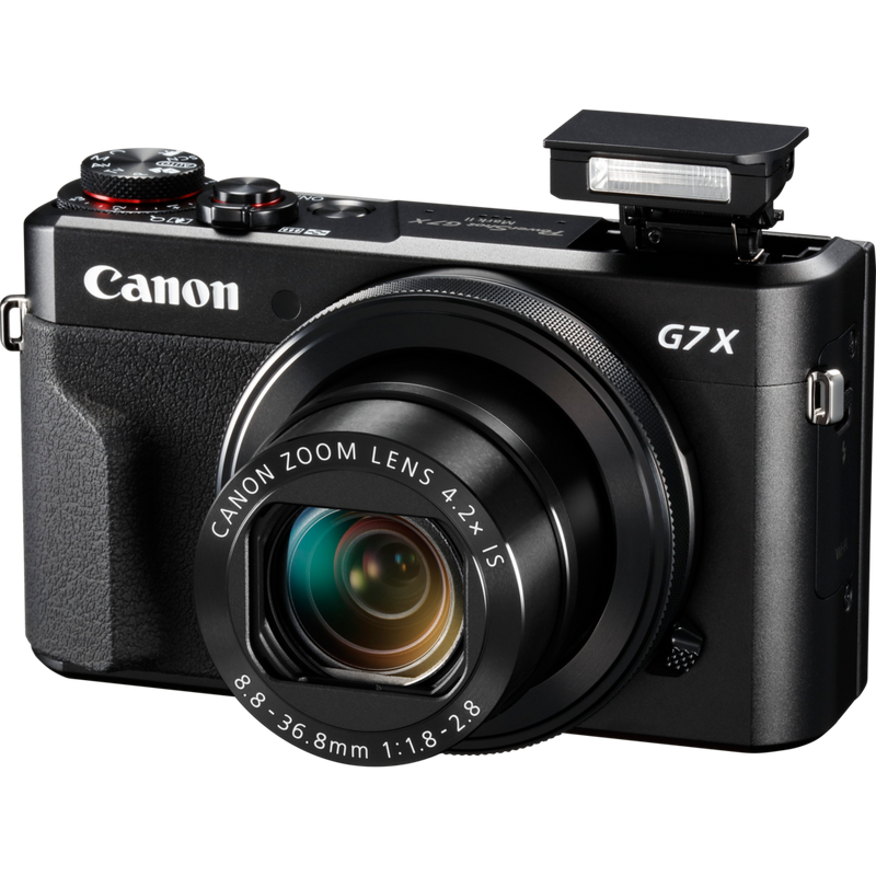 Canon PowerShot G7 X Mark II Produkt Vorderansicht mit ausgeklapptem Blitz