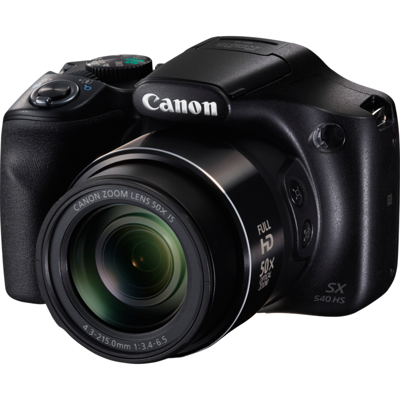 Canon PowerShot SX540 HS – Schwarz Produkt Vorderansicht mit ausgeklapptem Blitz
