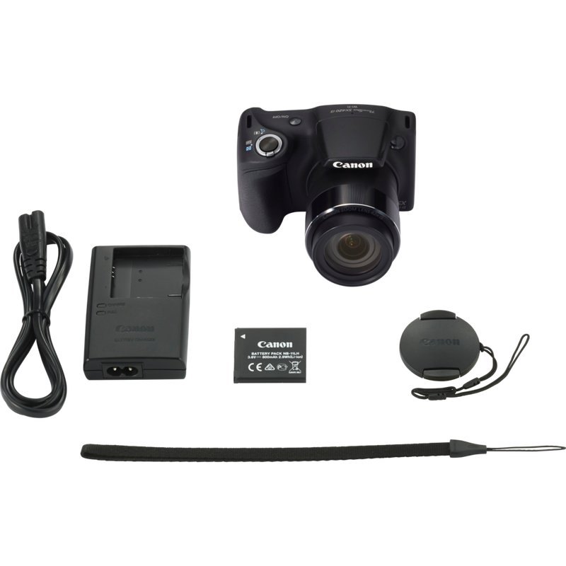 Canon PowerShot SX420 IS – Schwarz Produkt Vorderansicht neben einer Kreditkarte