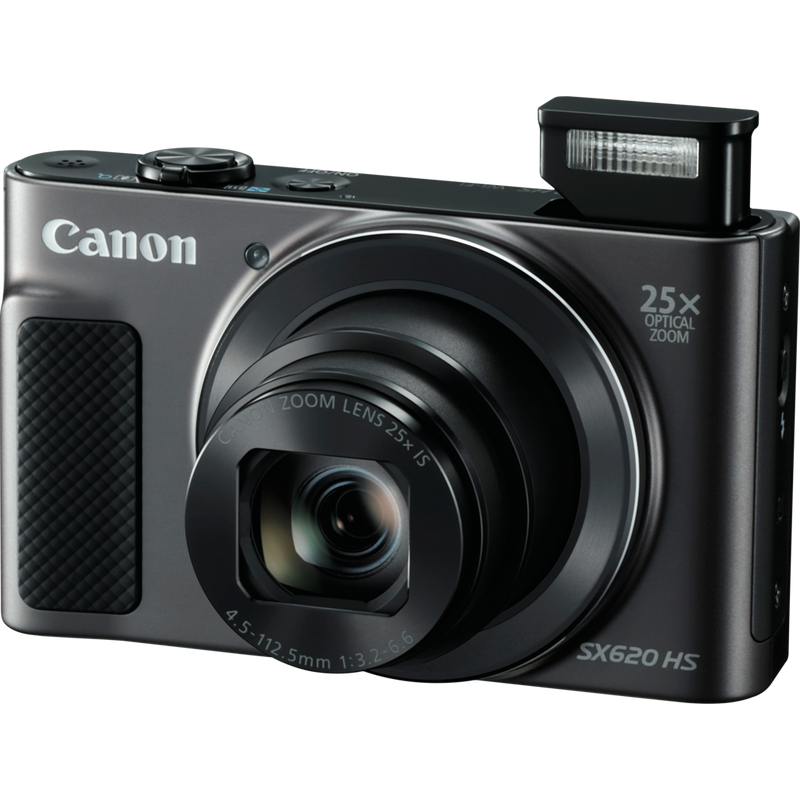 Canon PowerShot SX620 HS – Schwarz Produkt Vorderansicht mit ausgeklapptem Blitz