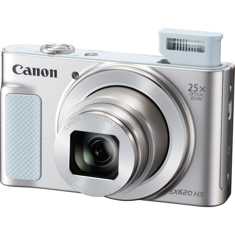 Canon PowerShot SX620 HS – Silber Produkt Vorderansicht mit ausgeklapptem Blitz