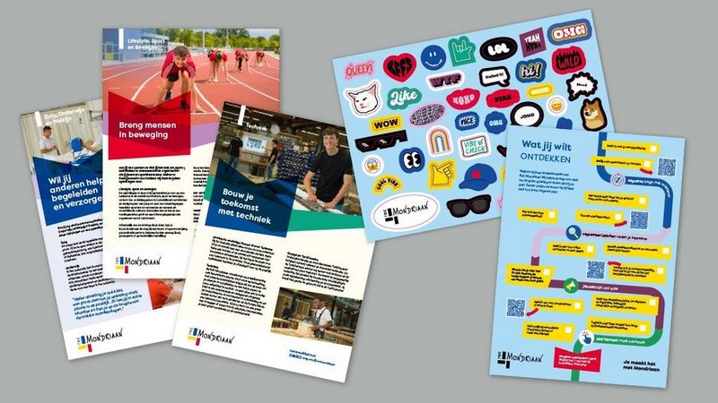 "Vijf thematische flyers van MBO Stad, met onderwerpen als zorg, sport, techniek, creativiteit en studiekeuze. Elke flyer bevat pakkende visuals en teksten zoals 'WIJ helpen anderen helpen' en 'Wat jij wilt ontdekken'."