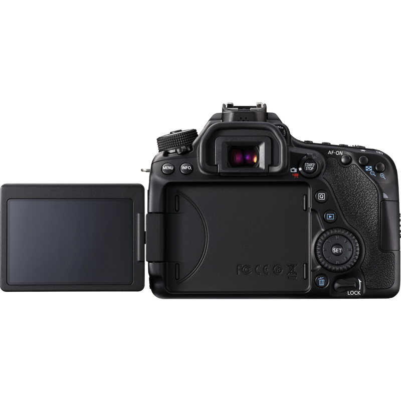 Canon EOS 80D + 18-55mm IS STM Objektiv Produkt Rückansicht mit ausgeklapptem Bildschirm