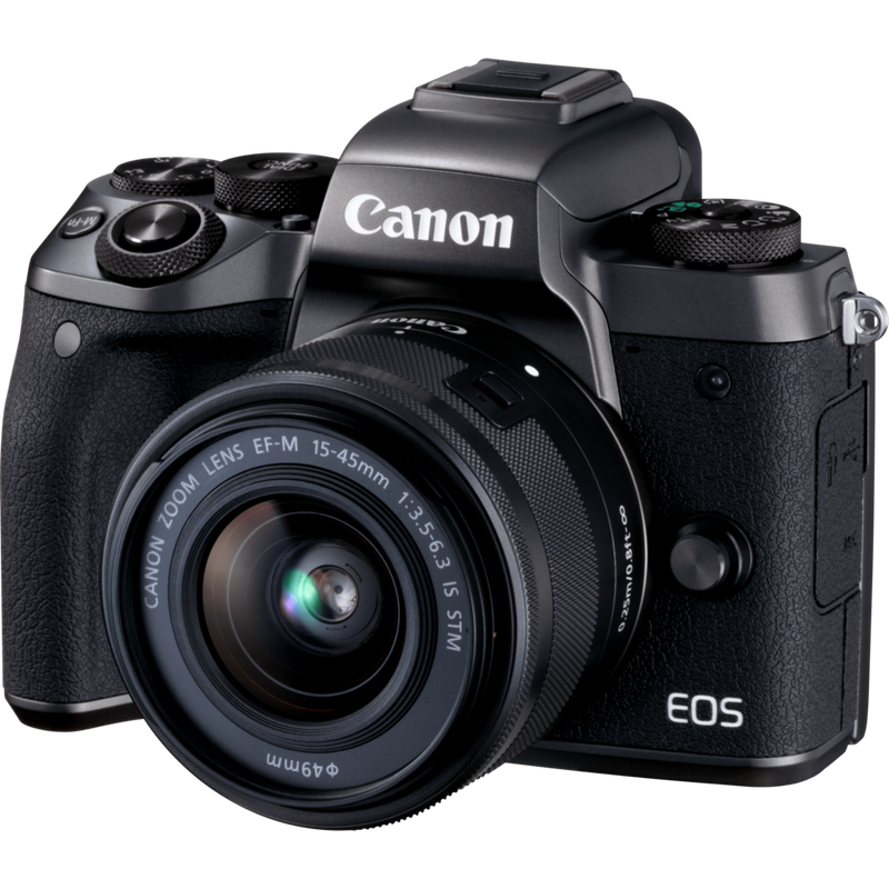 Canon EOS M5 + EF-M 15-45mm 1:3,5-6,3 IS STM Produkt Diagonale Ansicht