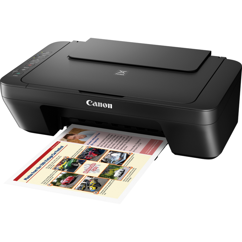 Canon PIXMA MG3050 – Schwarz Produkt Schrägansicht von vorne mit ausgeklapptem Papierfach