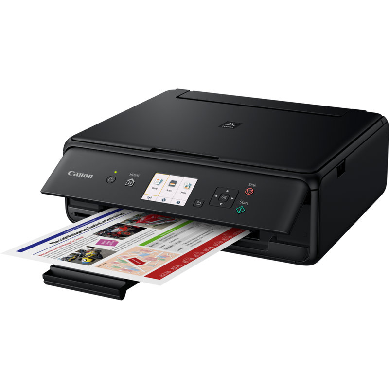 Canon PIXMA TS5050 – Schwarz Produkt Schrägansicht von vorne mit ausgeklapptem Papierfach