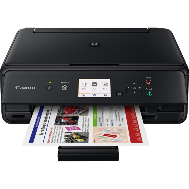 Canon PIXMA TS5050 – Schwarz Produkt Vorderansicht mit ausgeklapptem Papierfach