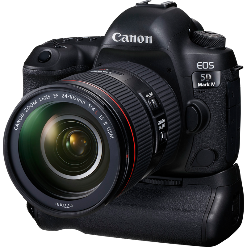 Canon BG-E20 Akkugriff Produkt Auf einer Kamera von rechts