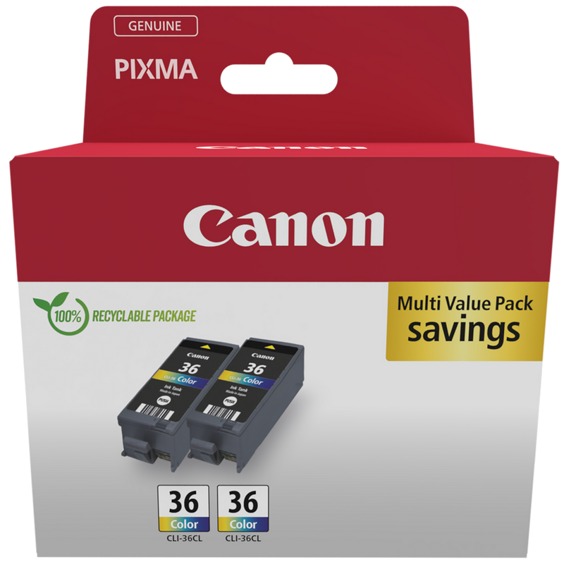 Canon CLI-36 C/M/Y Colour Ink Cartridge (Twin Pack) Product Package front view