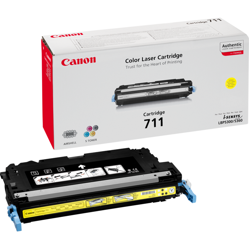 Canon Toner-Cartridge 711Y Gelb Produkt Verpackung und Patrone