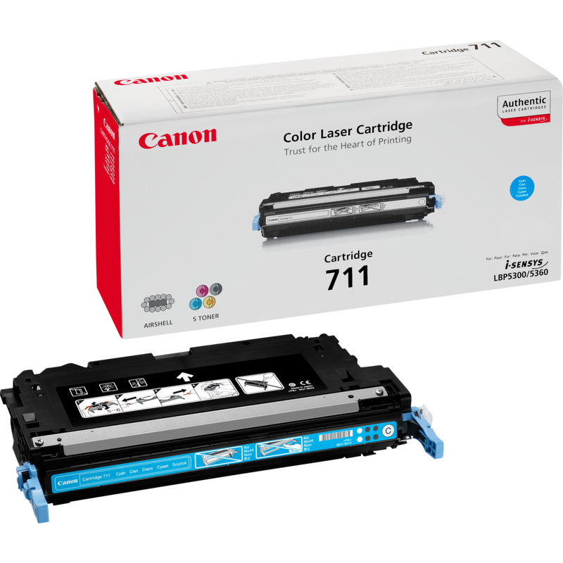 Canon 711C Toner-Cartridge Cyan Produkt Verpackung und Patrone