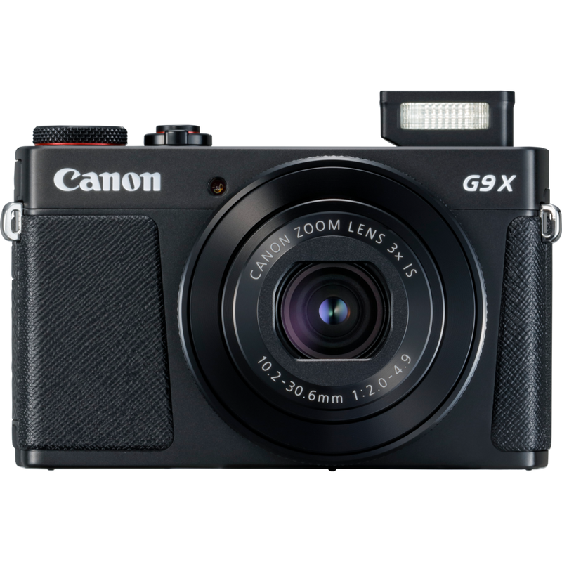 Canon PowerShot G9 X Mark II – Schwarz Produkt Vorderansicht mit ausgeklapptem Blitz