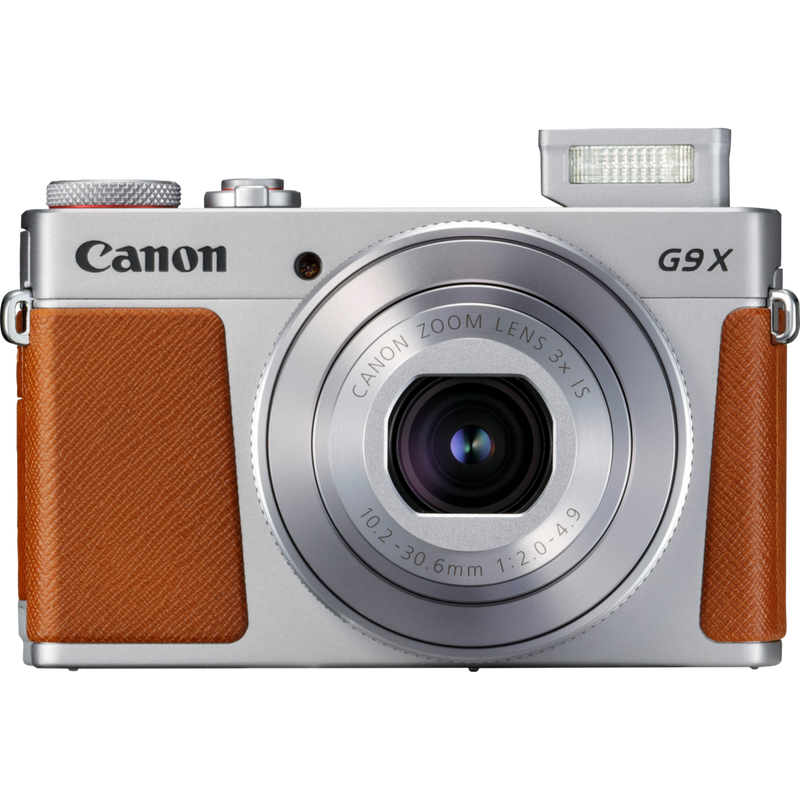 Canon PowerShot G9 X Mark II – Silber Produkt Vorderansicht mit ausgeklapptem Blitz