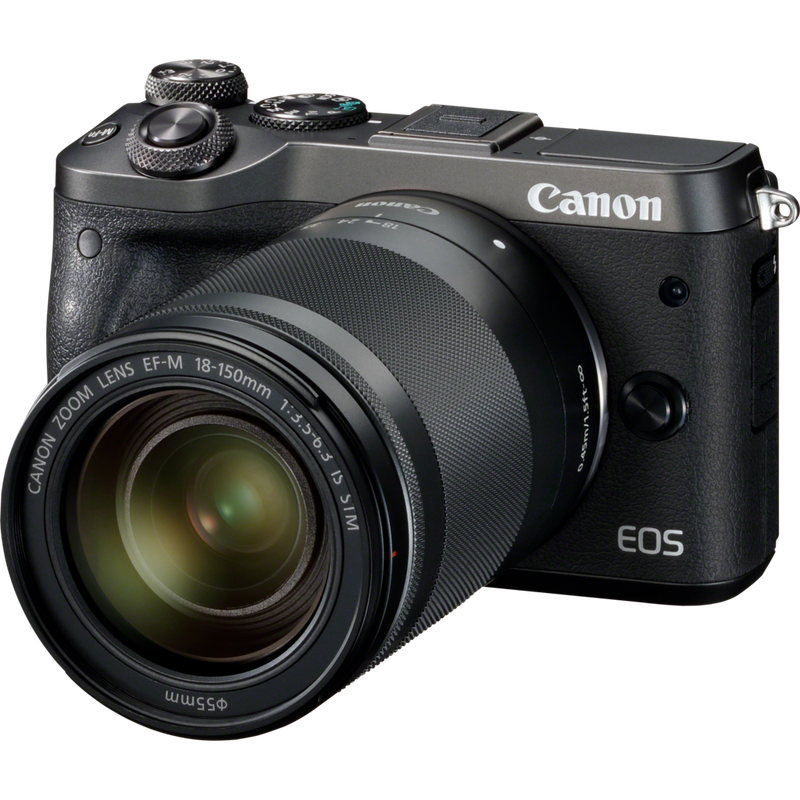 Canon EOS M6 + EF-M 18-150mm IS STM- Objektiv Schwarz Produkt Diagonale Ansicht