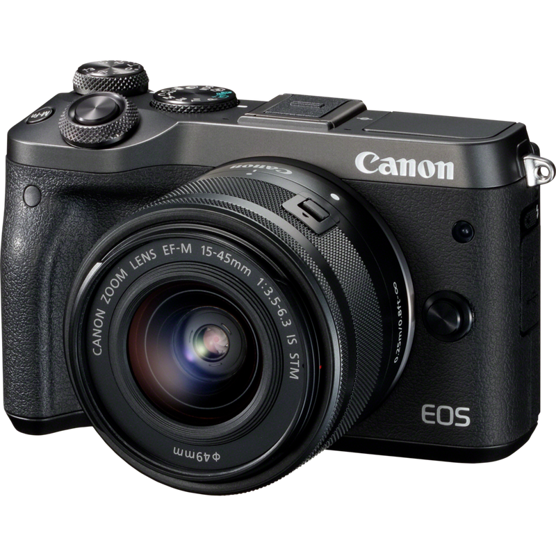 Canon EOS M6 + EF-M 15-45mm IS STM Objektiv Schwarz Produkt Diagonale Ansicht