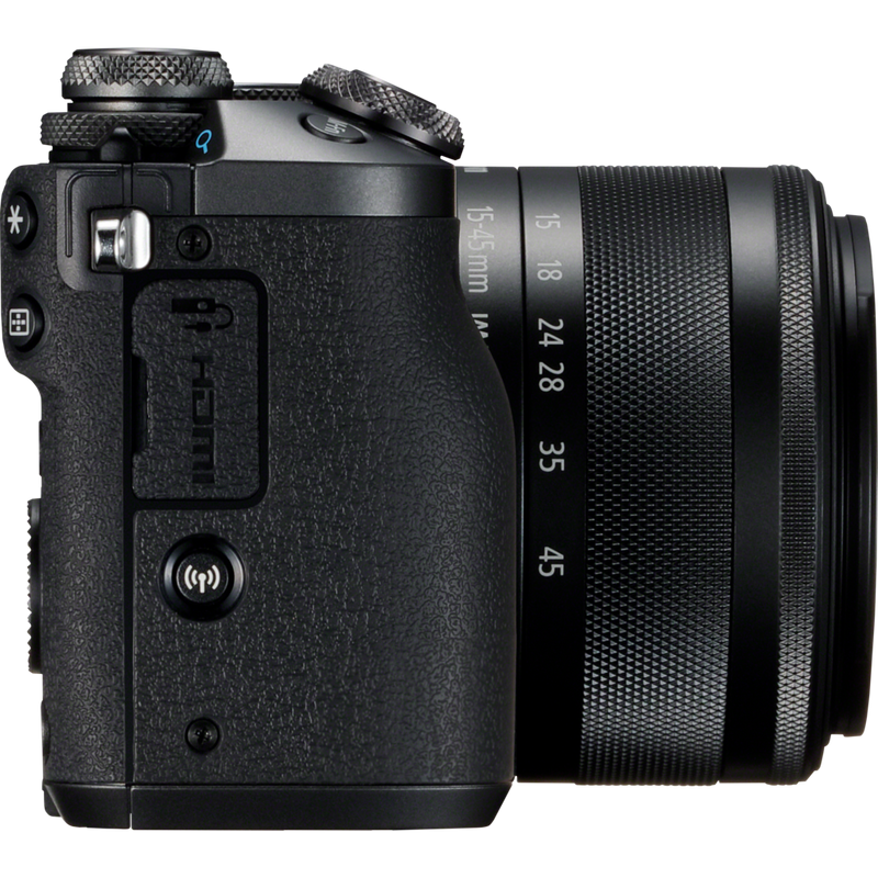 Canon EOS M6 + EF-M 15-45mm IS STM Objektiv Schwarz Produkt Ansicht von rechts