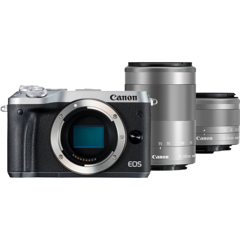 Canon EOS M6 Silber + EF-M 15-45mm IS STM Objektv + EF-M 55-200mm IS STM Objektiv Graphit-Grau Produkt Vorderansicht der Kamera und zweier Objektive