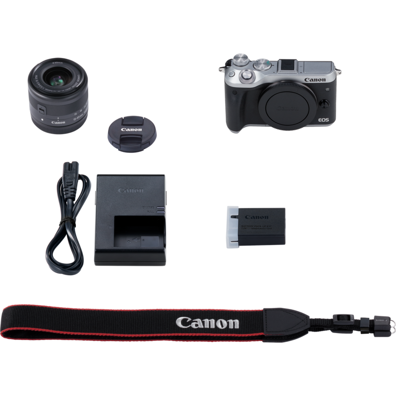 Canon EOS M6 + EF-M 15-45mm IS STM Objektiv – Silber Produkt Lieferumfang