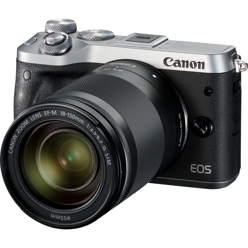Canon EOS M6 Silber + EF-M 18-150mm IS STM Objektiv Schwarz Produkt Diagonale Ansicht