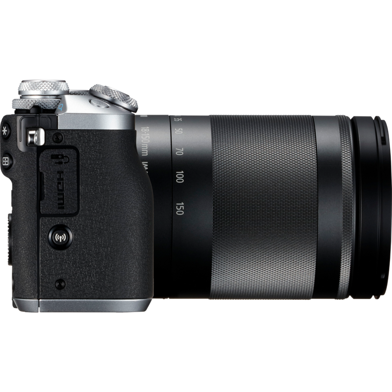 Canon EOS M6 Silber + EF-M 18-150mm IS STM Objektiv Schwarz Produkt Ansicht von rechts