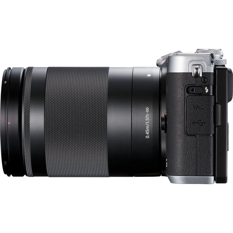 Canon EOS M6 Silber + EF-M 18-150mm IS STM Objektiv Schwarz Produkt Ansicht von links