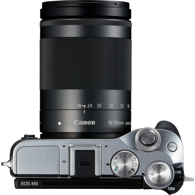 Canon EOS M6 Silber + EF-M 18-150mm IS STM Objektiv Schwarz Produkt Ansicht von oben